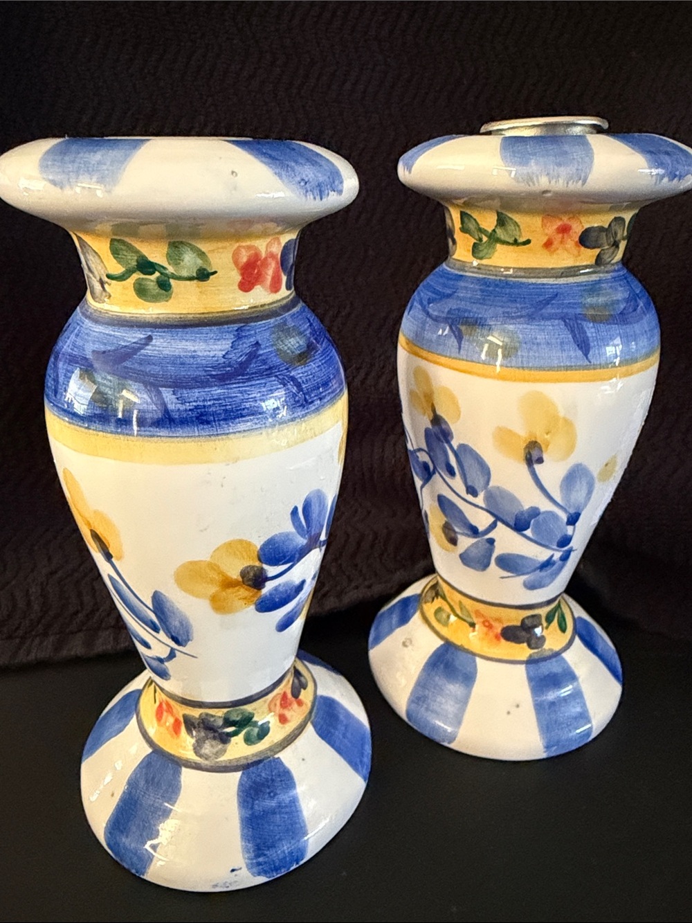 Hand-Painted Floral Ceramic Pair - Blue and Yellow Home Accents - 6” h